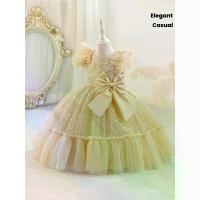 ราคา Girls' Elegant Pink Tulle Butterfly Sleeve Party Dress with Ruffled Hem & Bow Back - All-Season Formal & Casual Outfit, Non-Stretchy Fabric for Halloween, Birthday, Recitals - Girls' Princess Dress (1