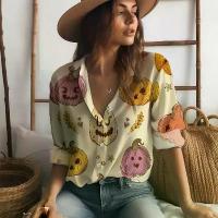 ราคา Independent Station TUME Hot-Selling New Women's 3D Digital Print Shirt Pumpkin Halloween Series Long Sleeve Shirt (1733157410050115157)
