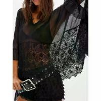 ราคา Transparent top cape for women, long sleeve, solid color, flowing chiffon. Outdoor blouse, Bohemian style, black lace. (1732910017980106365)