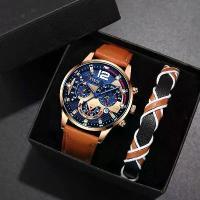 ราคา 2PCS Set Fashion Mens Calendar Watches Luxury Male Business Casual Brown Leather Quartz Watch Men Bracelet Wrist Watch (1733377677241190218)