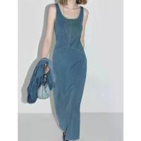 ราคา Vintage Stretch Knit Dress 2025 Summer Simple Casual Denim Strap Dress Slim Fit Bodycon Commuter Long Dress (1733294048543279069)