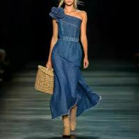 ราคา Elegant 3D Floral Denim Maxi Dress for Women Beach Wedding Long Evening Dress with Side Split (1733213615811495562)