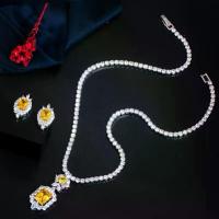 ราคา Shiny Yellow Synthetic Zirconia Round Tennis Necklace and Earrings Set for Women Luxury Bridal Wedding Party Dress Jewelry Accessories ส ร ้ อ ย ค อ ผ ี เ ส ื ้ อ (1733311607005087273)