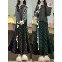 ราคา 2025 Stunning Early Autumn Full Set Plus Size Fat MM Korean Style Gray Knitted Top Plaid Mermaid Skirt Set (1733123494509512301)