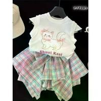 ราคา Girls' Summer Cartoon Print Short Sleeve T-Shirt & Skirt Set - Cute Cat Design with Pink Bow, Asymmetrical Hem, White Top & Plaid Skirt, Perfect for Casual Playtime, Playtime Att (1733256526256571648)
