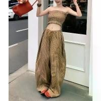 ราคา Korean Style Lazy Loose Plaid Vest Tube Top New High Waist Drawstring Casual Pants Set for Women (1733404725931902430)