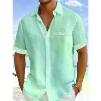 ราคา Men's Light Green Palm Tree Print Casual Shirt - Short Sleeve Turn-Down Collar Summer Beach Party Outdoor Wear, Breathable Machine Washable Regular Fit, Non-Stretch Fabric, Vacat (1733151711695177457)