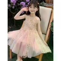 ราคา 2025 Girl Summer Princess Style Pink Sheer Dress with Lace Details and Layered Hem - Loose Semi-Transparent Machine Washable Sweet Party Dress Suitable for Children Aged 12 and Under (1733321197325616