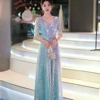 ราคา 2025 Starry Sky Evening Dress Female Host Grand Chorus Performance Dress Autumn New Adult Red Song Dance Group Performance Dress (1733062665687238391)