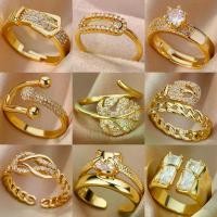 ราคา 18K gold open ring with full diamond plating, elegant and lightweight, does not fade, for women. Zircon leaf ring gives a luxurious feel. (1733271822648771767)