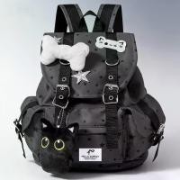 ราคา Punk Goth Style Cat's Paw Printed Backpack with Bones and Star Ornaments-Black and White Striped Nylon School Bag, Multi-Compartment Design, Adjustable Thickened Shoulder Strap, (1733378240442303712)