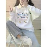 ราคา White Crew Neck Sweatshirt for Women 2025 New Spring and Autumn Fleece Loose Hoodless Long Sleeve Top for Middle and High School Students (1733260696354915952)
