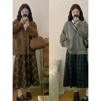 ราคา [uni] Plus Size 2026 New Autumn Retro Knit Jacket Long-sleeve T-shirt Plaid Skirt Three-piece Set (1733423906681685904)