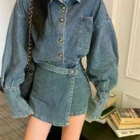 ราคา Denim Suit, for Women, Retro Style, New Jacket, High Waist Irregular Slimming Skirt, Two-Piece Set, Full Set Grid Pants Skirt Afi Sake Table Box Blouse Skirt (1733248990249453107)