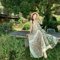ราคา Thailand Travel Outfit Beach Vacation Retro Print Halter Dress Bohemian Style Loose Beach Long Dress (1733201111038985981)
