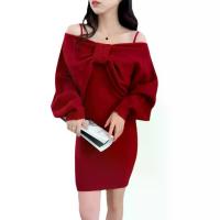 ราคา 2025 Ready Stock Bowknot Off-Shoulder Loose Sweater Design Knitted Top Camisole Dress Two-Piece Set Sexy Korean Trend Spring Autumn Layered Wear (1733254034169824800)