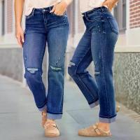 ราคา Elastic jeans with ripped front for women, fashion trend style, cuffs can be rolled up, suitable for all seasons. กางเกง ยีนส์ ทรง มัม สี สนิม ทหาร บอลลูน girl กระโปรงยีนส์ จีบ ร (1733207871306827245)