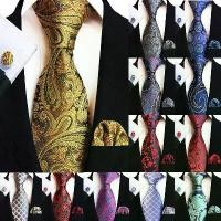 ราคา 100% Silk Luxury Mens Ties Floral Black Gold Ties Paisley NeckTie Pocket Square Cufflinks Set Men's Wedding Party Tie (1733179128165074790)