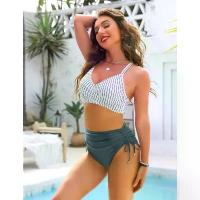 ราคา High-waisted bikini set for women, striped pattern, tummy control, two-piece cut-out swimsuit. (1732856692673119869)