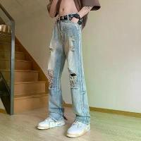 ราคา 2025 Real Shot Yellow Mud Color Ripped Jeans Men's Summer Thin American High Street Men's Trendy Pants Zipper Flared (1733425150071702730)