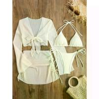 ราคา Women'S 4pcs Swimwear Set, New Solid Color Off-Shoulder Cover-Up, Sheer Mesh Skirt, Bikini, Polyester 82%, Elastane 18%, High Stretch Knit Fabric, Lace-Up Detail, Sleeveless, for Swimming (17333536091