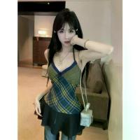 ราคา 2025 Real Shot Real Price American Retro Plaid Fabric Chest Patchwork Ribbon Diagonal Hem Strap Dress (1733244010391439069)