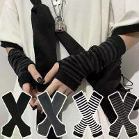 ราคา [COD] Y2K Gothic Lolita Gloves Arm Cover Harajuku Arm Warmers Black Grey Striped Fingerless Punk Long Wristband Metallic Unisex Gloves (1733272078767785470)