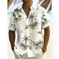 ราคา Men's Tropical Palm Tree Print Casual Button Shirt - Lightweight Polyester, Short Sleeve, V-Neck, Machine Washable, Suitable for Summer, Spring, and Autumn, Palm Tree Decoration (1733095494642861166)