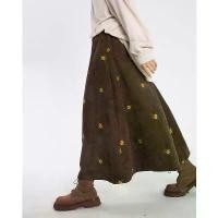 ราคา [In Stock] Vintage Brown Corduroy Skirt A-Line Midi Skirt Early Autumn Embroidered Floral Mori Style Over-the-Knee Long Skirt (1732975009252083008)