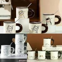ราคา แก้วกาแฟ ลายน้องแมว พร้อมฝาปิดสีดำ และช้อนกาแฟ ถ้วยชา กาแฟ แก้วมัค เซรามิค (1732844677980391169)