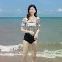 ราคา 2024 New Two-Piece Swimsuit for Women Korean Style Puff Sleeve Off-Shoulder Tube Top High Waist Strap Bikini Swimwear (1733303629554485025)