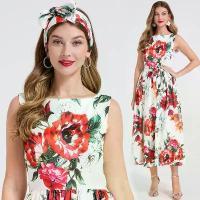 ราคา Real Shot French Romantic Floral Print Sleeveless Dress High Waist Bow Tie Waist Cinching Flared Dress (1733225674574038863)