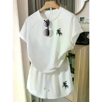 ราคา 2025 Summer New Versatile Short Sleeve Embroidered Loose Top T-Shirt Tie Solid Color Pocket Embroidered Shorts Fashion Set (1733297184084428509)