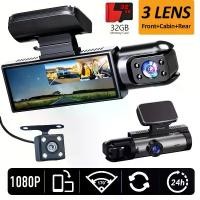 ราคา 3 Channel Dash Cam for Cars Front 1080P inside 720P Rear 720P Car Camera Video Recorder 1080P Camera Car DVR Black Box 24H Parking Car Assecories Free 32GB SD Card (1733246303886345836)