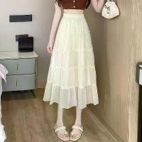ราคา 2025 Summer New Ruffled Tencel Chiffon A-Line Cake Midi Skirt for Women High Waist Slimming Skirt (1733216583656179665)