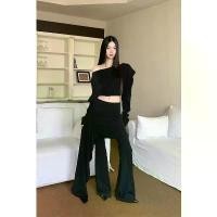 ราคา Casual shirt and pants set Hepburn style, asymmetrical, long sleeve, black, suitable for autumn, ribbon design, flared legs, floor length, two-piece set, mini dress set 3 (1733332932914939443)