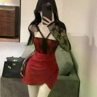 ราคา [Christmas outfit] New fashion tight-fitting short dress for women, sexy black and red lace combination, deep V-neck, long sleeves, open back, asymmetrical design. (1733392222499407380)