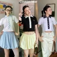 ราคา C104 - Cookies Bear เสื้อครอปแขนสั้นผ้ายืด แต่งขอบลายจุด Polka Dot งานปัก (1733252685414565265)