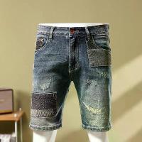 ราคา Fashion Design Creative Shorts Versatile European Style Summer Blue Patchwork Denim Shorts Casual Five-Point Pants Trendy Personality Ripped Beggar Pants Men 2026 New Trendy Men's Pants (1733819053348