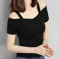 ราคา 2025 Summer New Korean Style Off-Shoulder Strap Short Sleeve T-Shirt for Women One-Shoulder Sexy Slim Top (1734220577611679557)