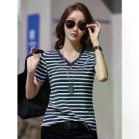 ราคา 2026 New Summer Korean Style Short Sleeve T-Shirt for Women, Pure Cotton Striped Loose V-Neck Top Source (1734313952348636229)
