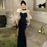 ราคา 50% OFF2025 French Style Elegant Socialite Evening Dress Off-Shoulder Sexy Halter Neck Bodycon Long Dress Spring Winter (1733560338156914552)