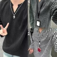 ราคา Men's long sleeve t-shirt, herringbone pattern, V-neck, black and white, striped base layer, loose fit, couple's shirt, Yuppie style, casual trend, available in sizes M-5XL, suit (1733738007253124309)