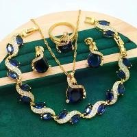 ราคา Dubai Noble 18K Gold Plated Plated Blue Cubic Synthetic Cubic Zirconiaia Wedding Jewelry for - 18K Gold Plated Plated Bride's Bracelet, Earrings, Necklace & Ring Suitable for Wed (1734032485368170329)