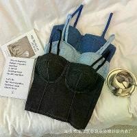 ราคา Vintage Distressed Denim Camisole for Women Summer Outerwear Backless Black Top Lace Patchwork Tube Top Base Shirt (1733690944622397174)