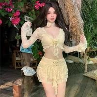 ราคา Elegant Pure Desire Style Short Women's Skirt Bikini Three-Piece Set Strap Sweet Yellow Silk Floral Long Sleeve Cover-Up (1733808280392664741)