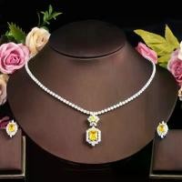 ราคา Shiny Yellow Synthetic Zirconia Round Tennis Necklace and Earrings Set for Women Luxury Bridal Wedding Party Dress Jewelry Accessories (1733916569642895076)