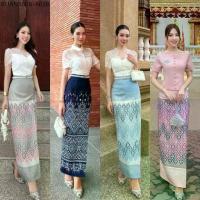 ราคา พร้อมส่งชุดเซทผ้าไทย ชุดไทย ใส่ทำบุญ เสื้อ+กระโปรง ผ้าถุงสำเร็จรูป (1733954014385768346)