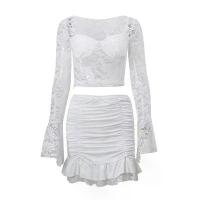 ราคา ชุด 2 ชิ้นสำหรับผู้หญิง, เสื้อครอปลูกไม้โปร่ง, กระโปรง Ruched มินิ (1732043010107869936)