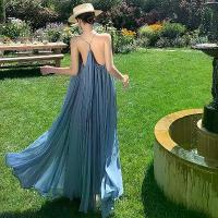 ราคา French Style Beach Vacation Blue Strap Dress for Women Summer New Elegant Sleeveless Backless Beach Long Dress Clothing Women ชุด ไปร้าน เหล้า ช ุ ด ไ ท ย เ จ้า ส า ว เ (1733099217893492231)